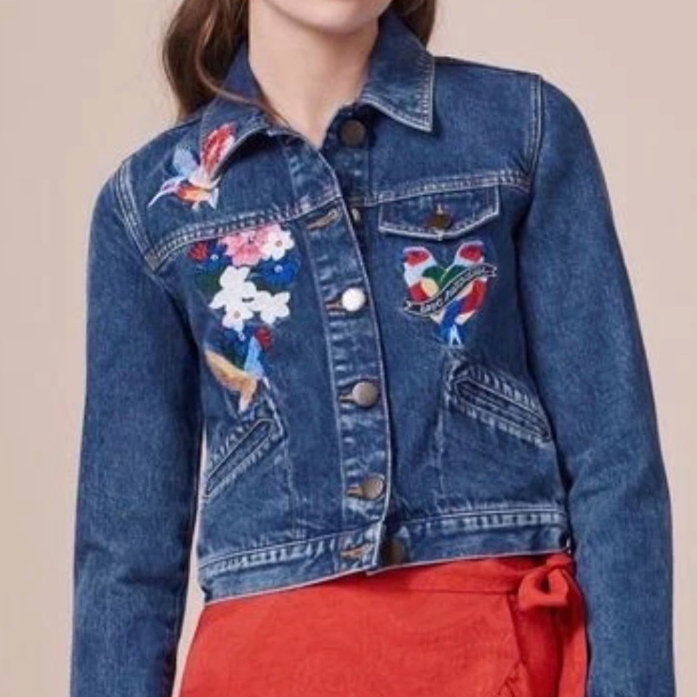 Maje Vivo Embroidered Denim Jacket Cropped Women's "Lost Paradise"